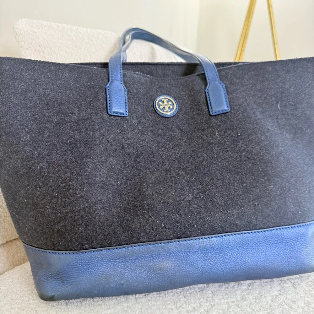Tory Burch Emma Gray Wool & Metallic Blue Leather Tote‎ Bag